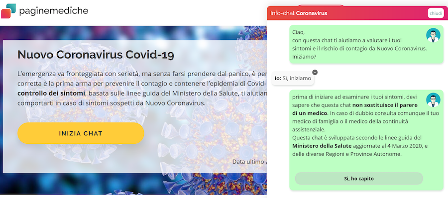 Screenshot from paginemediche's Coronavirus chatbot