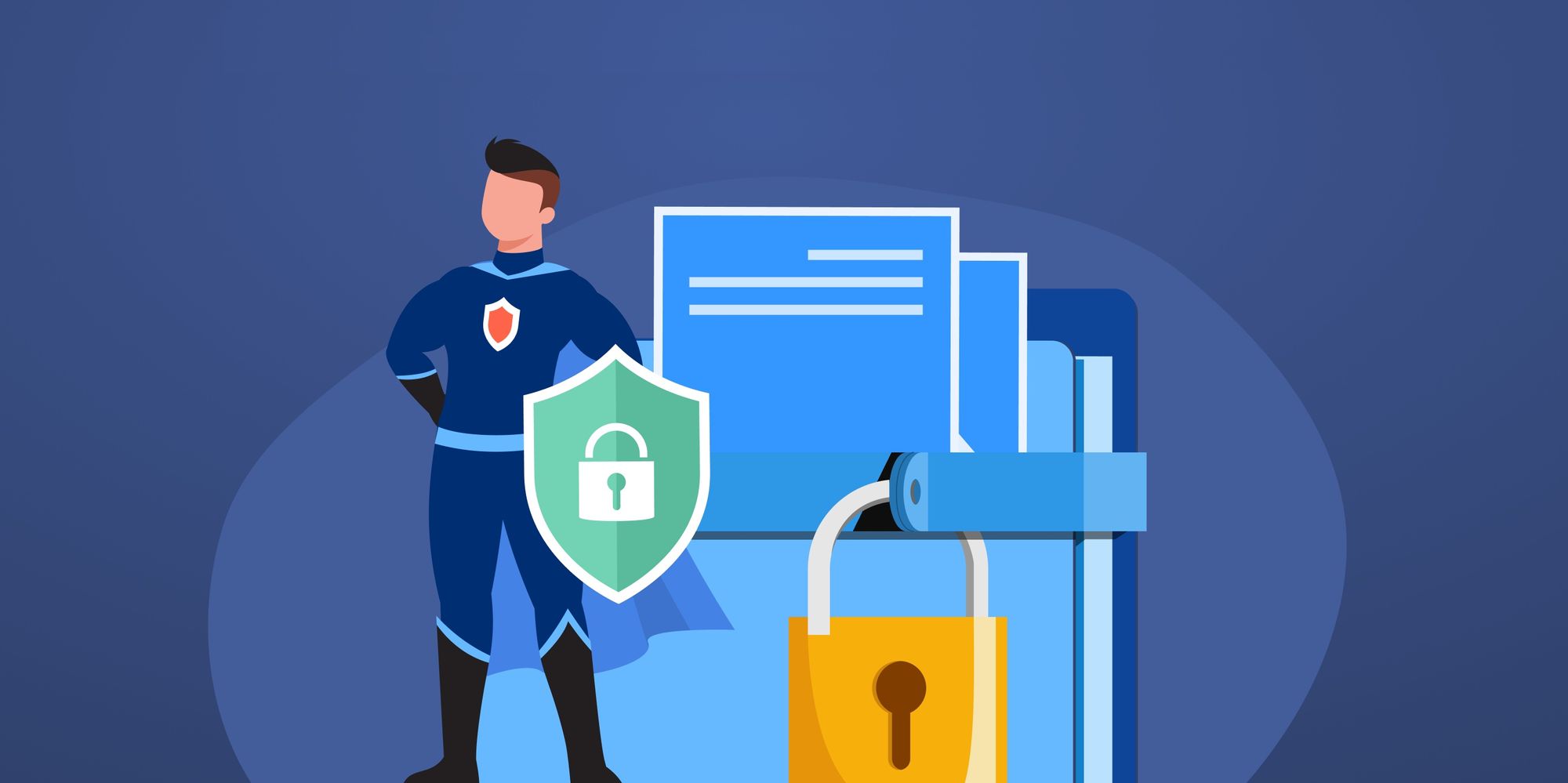 Superhero in blue that stands on the right of locked GDPR documents to protect them
