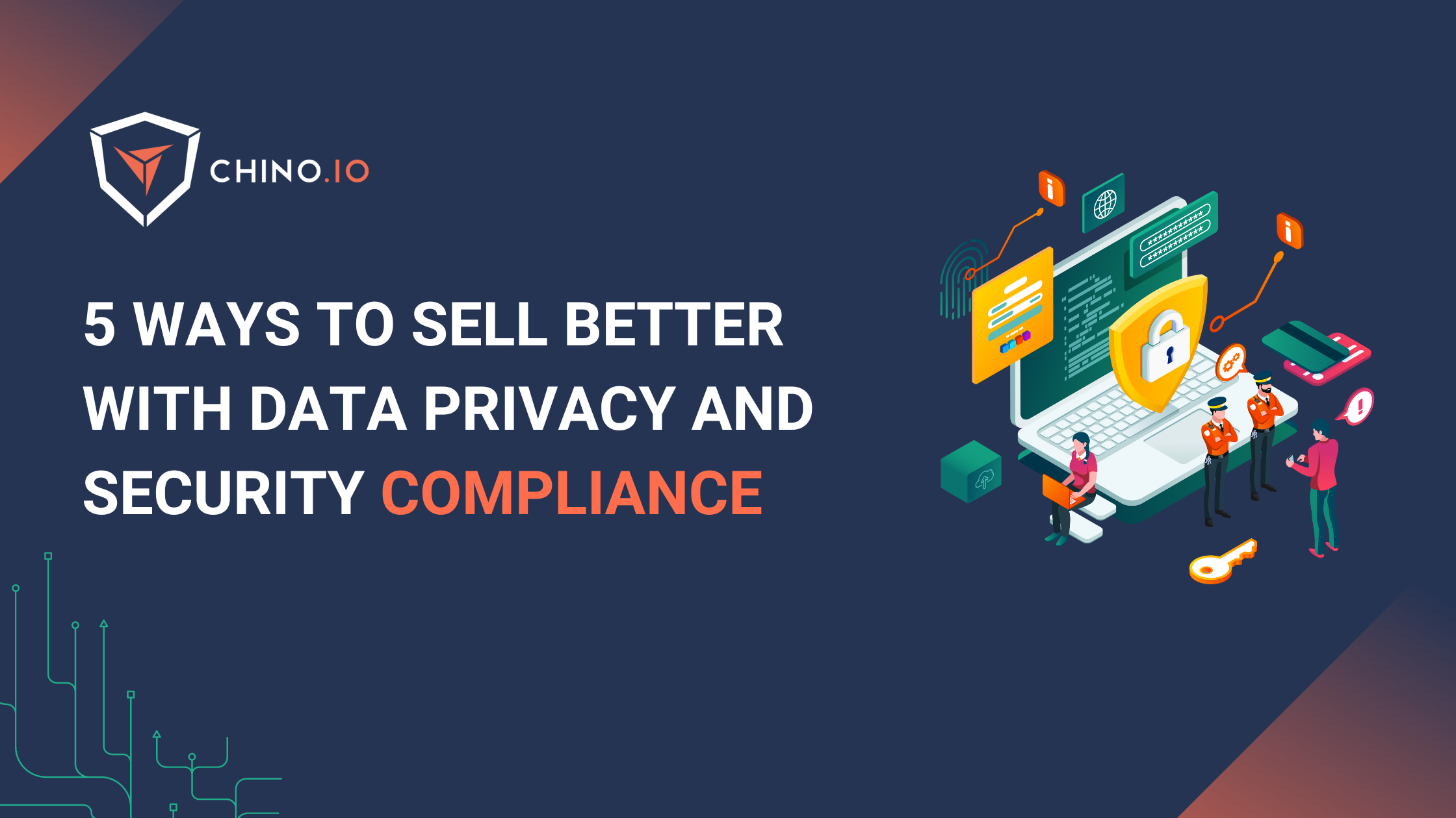 5 ways to strengthen your company’s reputation through compliance on blue background and image of data privacy measures