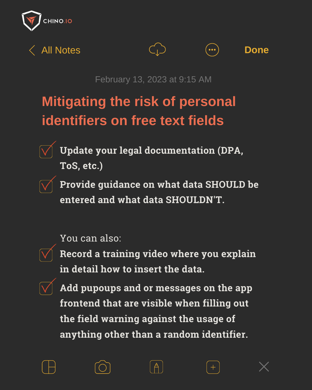 smartphone note with a checklist about how to mitigate the risk of personal identifiers on free text fields